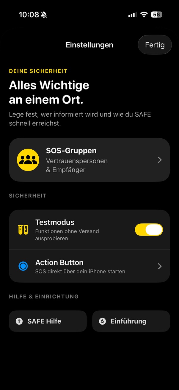 SAFE Einstellungen mit Testmodus